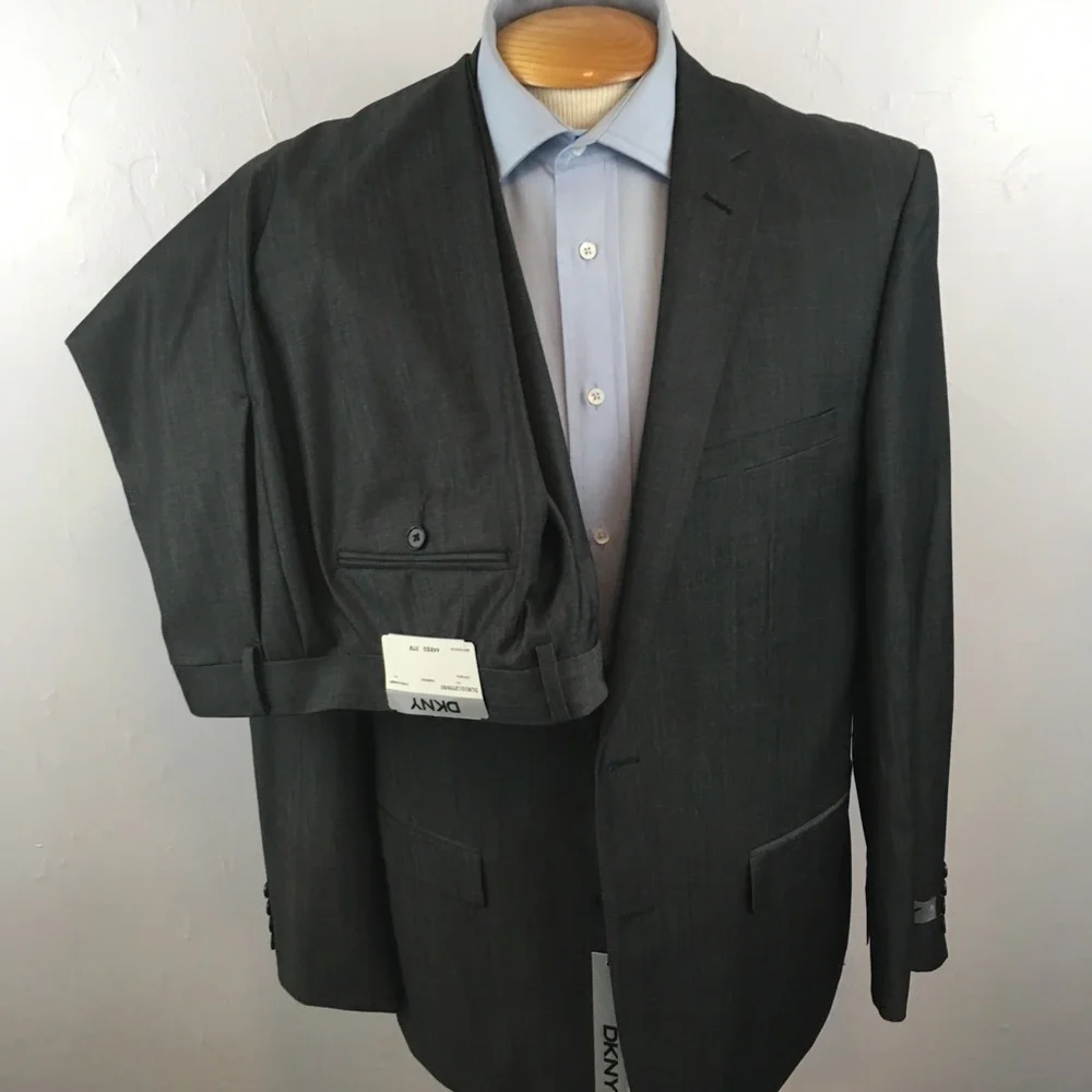 Dkny 44r mens suit solid gray skinny fit 2 piece 100% wool 2 buttons new ea0082